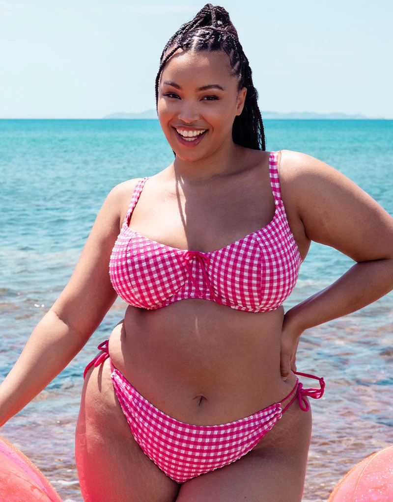 Curvy Kate Holiday Check Scooped Balcony Bikini Top Raspberry Pink - Image 2